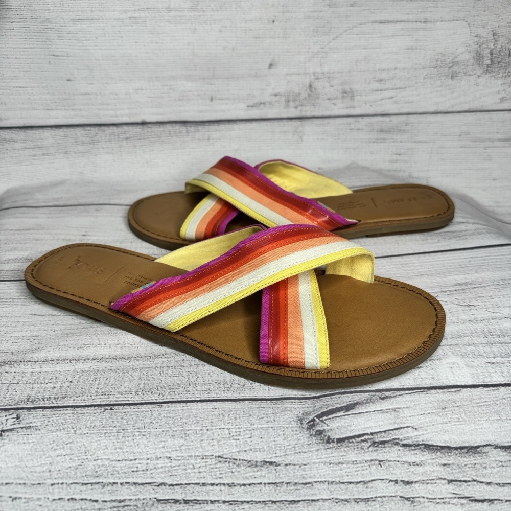 Toms Viv Slide Sandals‎ Multicolor Stripe Pink White Yellow Orange Size 8.5